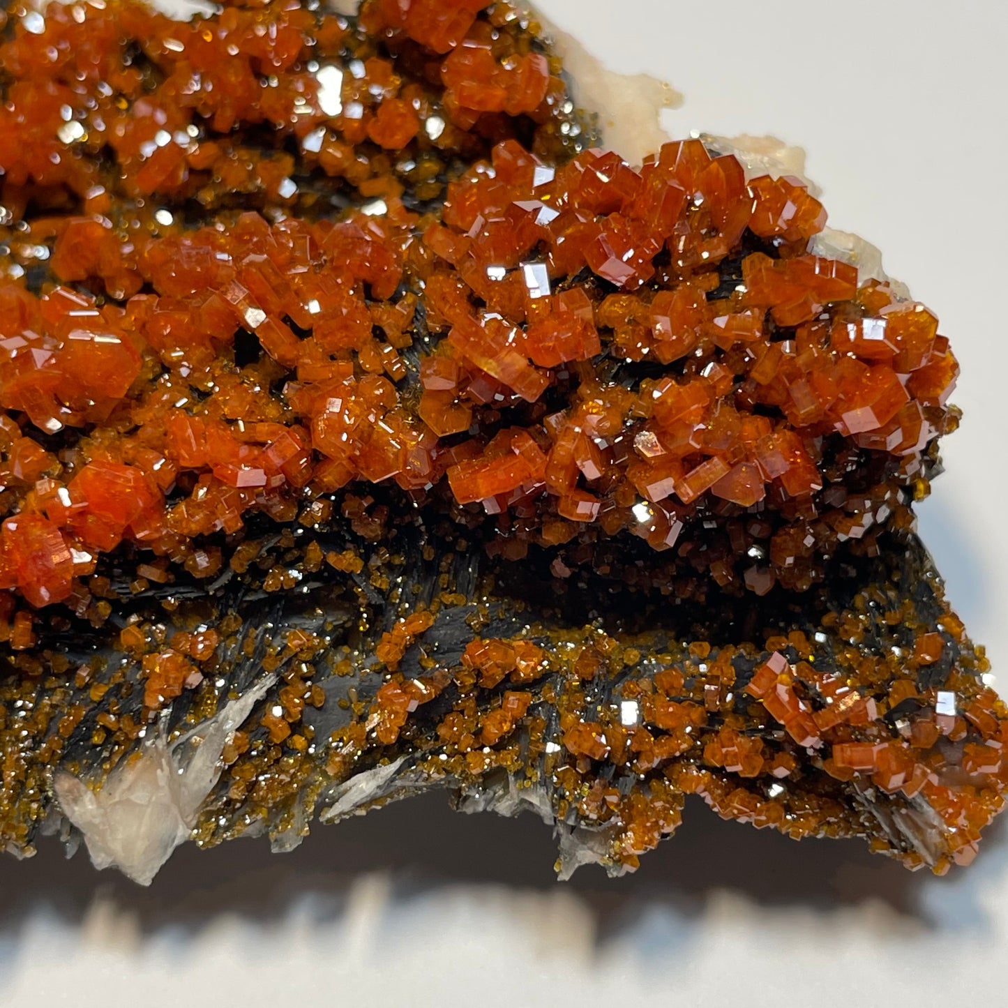 Vanadinite sur Barytine et Hématite, Mibladen, région de Midelt, Maroc