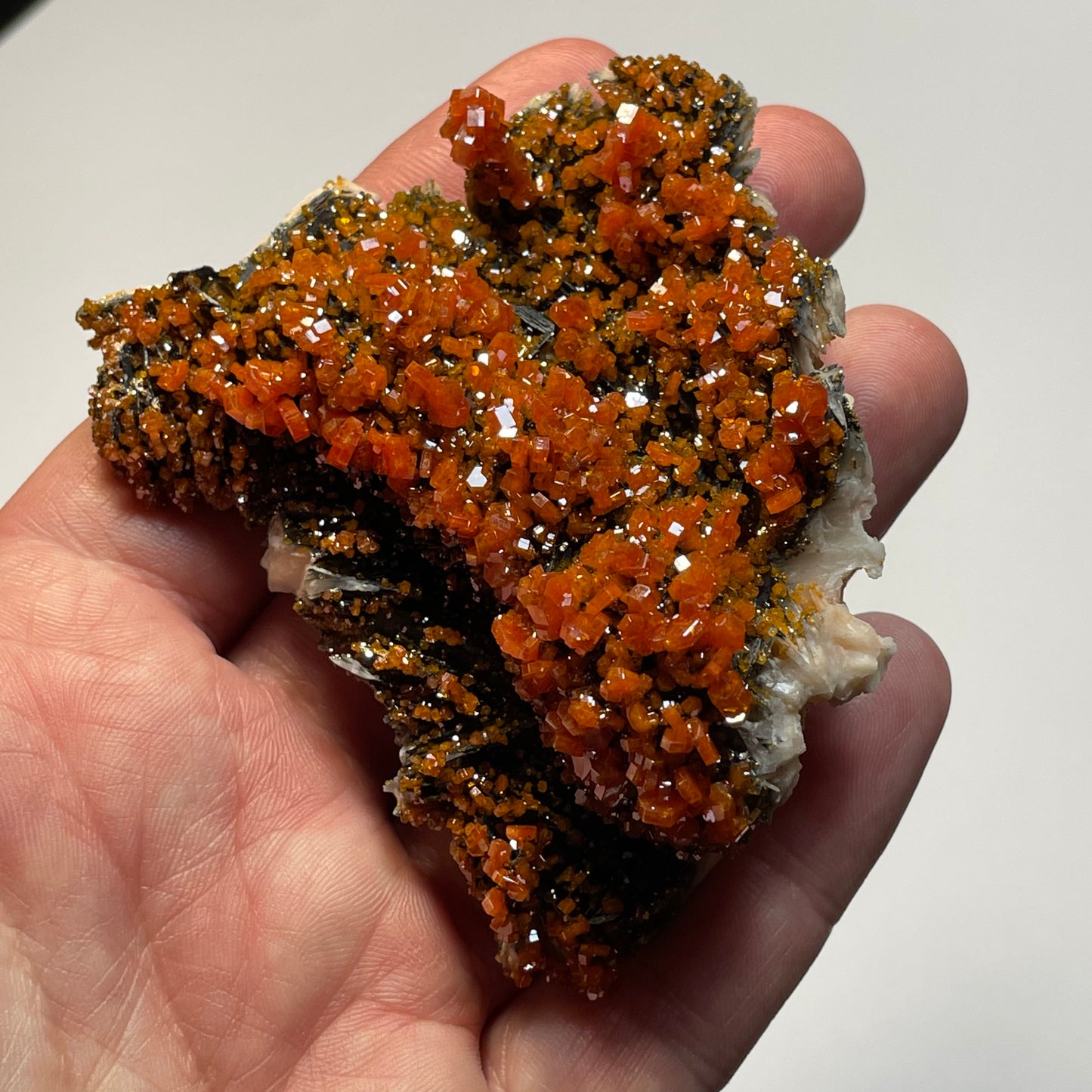 Vanadinite sur Barytine et Hématite, Mibladen, région de Midelt, Maroc