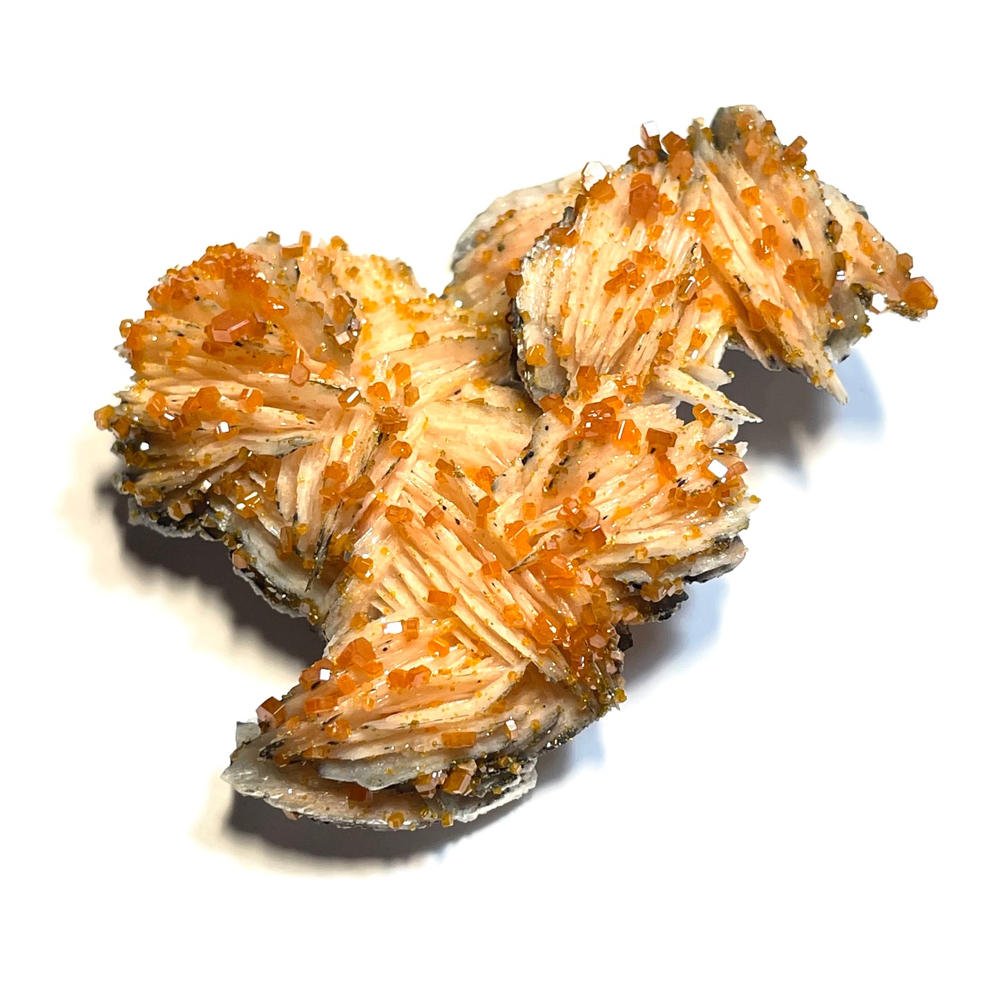 Vanadinite orange sur Barytine, Mibladen, région de Midelt, Maroc